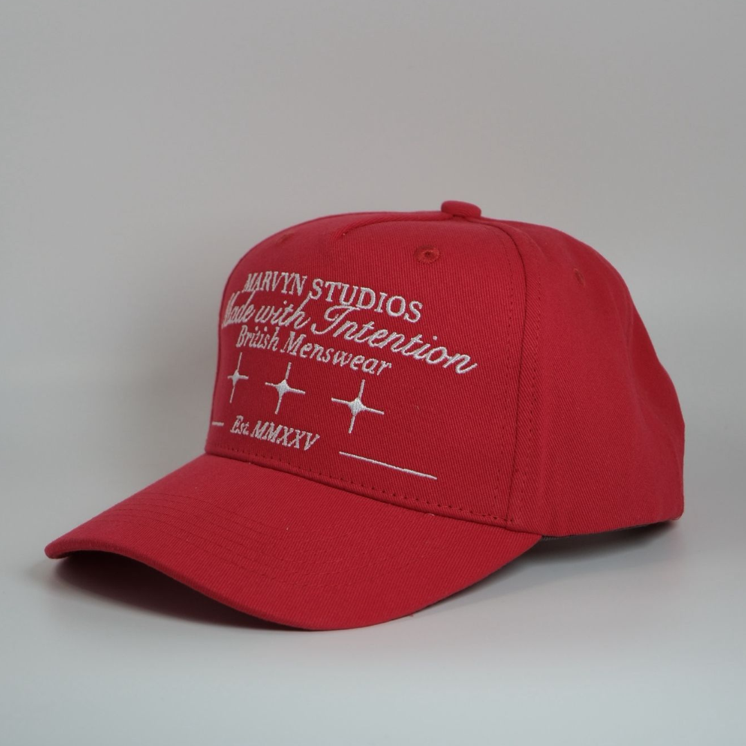 Red cap with white text on a gray background