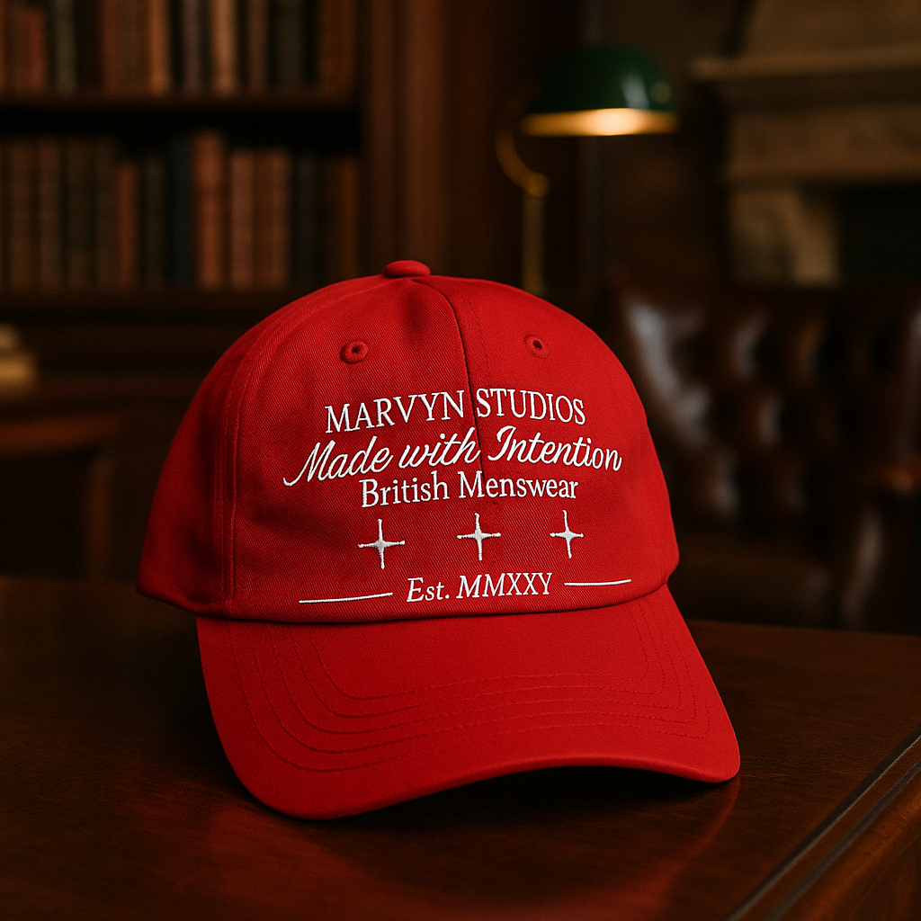 Red marvyn cap with white text on a wooden surface in a dimly lit room.